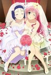  2girls bare_shoulders blue_hair blush bouquet breasts bridal_veil cleavage dress eyes_closed female flower green_eyes hair_flower hair_ornament jewelry lala_satalin_deviluke long_hair multiple_girls necklace one_eye_closed petals pink_hair rose roses sairenji_haruna shoes short_hair sitting stair staircase stairs strapless strapless_dress to_love-ru toloveru veil very_long_hair wedding_dress wink yuri 