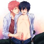  2boys ao_no_exorcist beads blue_eyes character_request erection insertion male male_focus multiple_boys object_insertion okumura_rin open_clothes open_shirt penis pink_hair pointy_ears shima_renzou shirt sitting tied_penis uncensored undressing urethra_fingering urethral_fingering urethral_insertion yaoi 