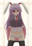  animal_ears bad_id bad_pixiv_id black_legwear blush bunny bunny_ears chimunge condom condom_in_mouth groin highres jacket long_hair midriff mouth_hold necktie panties pantyhose pantyhose_pull purple_hair red_eyes red_neckwear reisen_udongein_inaba shirt skirt skirt_lift solo touhou underwear white_panties 