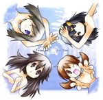  ;d armpits arms_up bed_sheet black_eyes black_hair blue_(pokemon) blue_eyes blue_hair brown_eyes brown_hair circle_formation english everyone hair_ornament hairclip haruka_(pokemon) hikari_(pokemon) jpeg_artifacts kotone_(pokemon) long_hair lying multiple_girls naked_sheet no_bandana no_hat no_headwear one_eye_closed open_mouth outstretched_arms outstretched_hand pokemon pokemon_(game) pokemon_dppt pokemon_frlg pokemon_hgss pokemon_rse rascal reaching smile topless twintails 