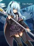  armor blue_background blue_hair cape character_name chiri_(atlanta) eiyuu_densetsu highres long_hair skirt solo staff thighhighs tio_plato yellow_eyes zero_no_kiseki zoom_layer 