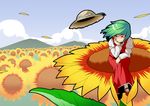  cloud day dress flower green_hair hand_on_own_face hat kazami_yuuka red_eyes roah sitting smile solo straw_hat sunflower touhou 