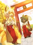  animal_ears blush breasts closed_eyes fox_ears fox_tail furry green_eyes green_hair japanese_clothes kishibe large_breasts miko multiple_girls multiple_tails smile tail torii 