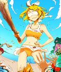  4girls beach bikini blindfold blonde_hair cloud club day food fruit hair_ornament hair_ribbon hairclip hatsune_miku heart kagamine_len kagamine_rin kaito keepout long_hair megurine_luka meiko multiple_boys multiple_girls outdoors ribbon short_hair sky smile suikawari swimsuit vocaloid watermelon weapon 