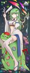  adapted_costume ball blue_panties blush clog_sandals detached_sleeves frog gohei green_eyes green_hair hair_tubes hat highres kochiya_sanae long_hair looking_at_viewer navel ofuda panties pouch rosettastone snake solo straddling temari_ball thighhighs torii touhou underwear white_legwear 