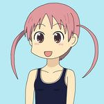  :d bare_shoulders highres nichijou open_mouth red_eyes red_hair simple_background smile solo swimsuit tachibana_mihoshi twintails 