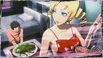  1boy 1girl apron atlus bed blue_eyes catherine catherine_(game) cooking couple drill_hair eyeball indoors lowres naked_apron twin_drills vincent_brooks 
