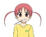  blush_stickers grin looking_at_viewer nichijou pocky purple_eyes red_hair simple_background smile tachibana_mihoshi twintails 