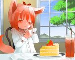  blush cake closed_eyes food fruit fuyuno_mikan short_hair slice_of_cake smile solo strawberry strawberry_shortcake tail 
