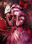  bad_id bad_pixiv_id bat_wings blood bow chair chandelier dress fangs flower hat hat_ribbon jewelry jname koumajou_densetsu necklace red_eyes remilia_scarlet ribbon short_hair silver_hair solo touhou window wings 