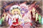  ascot bad_id bad_pixiv_id bat_wings blonde_hair blush broken_mirror closed_eyes flandre_scarlet glowing glowing_wings hand_on_own_chest happy hat hat_ribbon holding_hands interlocked_fingers lavender_hair long_hair madenka multiple_girls open_mouth remilia_scarlet ribbon short_hair siblings sisters skirt skirt_set smile touhou wings wrist_cuffs 