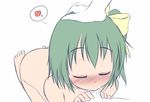  blush bow closed_eyes cum cum_in_mouth daiyousei edamame_(barium) fellatio green_hair hair_bow hand_on_another's_head hands heart hetero kneeling nude oral penis petting pov saliva side_ponytail solo_focus spoken_heart touhou 