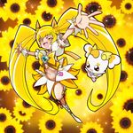  :d arms_up blonde_hair boots bow brooch choker creature cure_sunshine dress flower full_body hair_ribbon happy heart heartcatch_precure! jewelry knee_boots long_hair magical_girl midriff myoudouin_itsuki navel open_mouth orange_bow orange_choker potpourri_(heartcatch_precure!) precure ribbon santoo_takeshi smile solo sunflower twintails wrist_cuffs yellow yellow_bow yellow_eyes 