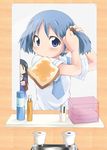  adjusting_hair black_hair blue_eyes blue_hair food food_in_mouth hair_cubes hair_ornament hazuki_haru long_hair mirror mouth_hold multiple_girls naganohara_mio naganohara_yoshino nichijou reflection school_uniform short_twintails siblings toast toast_in_mouth tokisadame_school_uniform twintails 