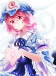  bad_id bad_pixiv_id hat onyuuuu petals pink_eyes pink_hair ribbon saigyouji_yuyuko sash short_hair smile solo spiral touhou triangular_headpiece upper_body 