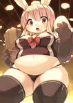  anthro breasts chubby cleavage clothed clothing female food kishibe lagomorph legwear looking_at_viewer mammal panties rabbit red_eyes ribbons solo stockings underwear 