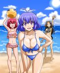  ^_^ akihabara_dennou_gumi antenna_hair ball barefoot beach beachball bikini black_hair blue_bikini blue_hair bow breasts cleavage closed_eyes densuke_(akihabara_dennou_gumi) feet frilled_bikini frills hair_bow hanakoganei_hibari higashijuujou_tsugumi hokuto_(tokuho) large_breasts long_hair multiple_girls ocean purple_eyes red_hair sakurajousui_suzume short_hair smile swimsuit 