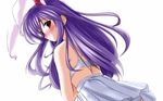  animal_ears back bare_shoulders blush bra bunny_ears caidychen dutch_angle embarrassed from_behind highres jpeg_artifacts lingerie long_hair looking_back no_shirt pink_eyes purple_hair red_eyes reisen_udongein_inaba skirt solo touhou underwear wallpaper 