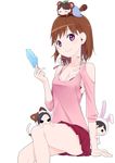  absurdres anegasaki_nene animal_costume breasts brown_hair casual chibi cleavage food highres kobayakawa_rinko kugatsu_takaaki love_plus medium_breasts mole mole_under_eye multiple_girls popsicle short_hair takane_manaka transparent_background 