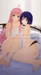  2girls ass bare_shoulders barefoot bed bed_sheet blue_eyes blue_hair blush breasts covering curtain curtains female green_eyes inside lala_satalin_deviluke legs long_hair midriff multiple_girls nude nude_cover pink_hair purple_eyes room sairenji_haruna short_hair sitting tail to_love-ru toloveru very_long_hair yuri 