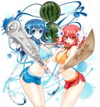  :o bare_shoulders bikini_top blue_eyes blue_hair blush bokken breasts cleavage club eating food foreshortening fruit hair_ornament hair_tubes highres hisenkaede large_breasts legs long_hair looking_at_viewer miniskirt multiple_girls navel original red_hair skirt strap_gap swimsuit sword thighs tray twintails very_long_hair watermelon weapon wooden_sword yellow_eyes 