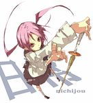  from_above looking_at_viewer nichijou open_mouth pink_eyes pink_hair school_uniform solo sword tachibana_mihoshi twintails weapon 