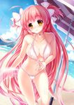  adjusting_clothes adjusting_swimsuit beach beach_umbrella bikini bow breasts cameltoe choker cleavage cloud covered_nipples day front-tie_top hair_bow hair_ribbon head_tilt innertube kaname_madoka long_hair mahou_shoujo_madoka_magica md5_mismatch medium_breasts navel outdoors parasol pink_hair ribbon short_twintails skindentation sky smile solo spoilers summer sunlight swimsuit twintails ultimate_madoka umbrella very_long_hair yellow_eyes youqiniang 