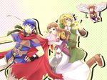  4boys armor blonde_hair blue_eyes blue_hair bracer brown_hair cape dress earrings facial_hair fingerless_gloves fire_emblem fire_emblem:_souen_no_kiseki gloves hair_ornament hat headband ike jewelry kaidou_mitsuki kid_icarus kirby kirby_(series) link long_hair mario mario_(series) multiple_boys mustache overalls pit_(kid_icarus) pointy_ears princess_zelda short_hair smile super_mario_bros. super_smash_bros. the_legend_of_zelda the_legend_of_zelda:_twilight_princess tiara triforce wings 