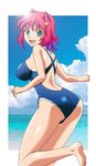  ass beach blue_eyes breasts cloud competition_swimsuit covered_nipples day hibino_aki large_breasts legs long_legs looking_back multicolored_hair ocean one-piece_swimsuit open_mouth original outdoors purple_hair short_hair sky solo swimsuit thighs two-tone_hair yonecchi 