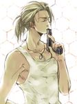  bad_id bad_pixiv_id blonde_hair closed_eyes end_of_eternity gun jewelry kiss male_focus mochiko_(papillio) muscle necklace object_kiss ponytail solo tank_top vashyron weapon 