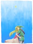  1girl blonde_hair blue_eyes dress earrings gloves hat highres hug instrument jewelry knsrsou link long_hair ocarina pointy_ears princess_zelda shield tears the_legend_of_zelda the_legend_of_zelda:_ocarina_of_time tiara triforce weapon 