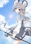  animal_ears blue_sky blush bow capelet chachi_(azuzu) cloud day dowsing_rod dress grey_dress grey_hair jewelry looking_back mouse mouse_ears mouse_tail nazrin necklace open_mouth pendant red_eyes ribbon short_hair sky smile solo tail tail_ribbon touhou 