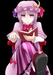  book bow capelet chair crescent crossed_legs hair_ribbon hat long_hair mary_janes mattari_yufi patchouli_knowledge purple purple_eyes purple_hair ribbon shoes simple_background sitting solo touhou 