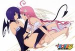  2girls barefoot bed blue_eyes blue_hair blush breasts bridal_gauntlets chin_grab cleavage cosplay dutch_angle elbow_gloves female gloves green_eyes hair_ornament hand_on_another's_face hand_on_face incipient_kiss lala_satalin_deviluke long_hair looking_at_viewer multiple_girls pink_hair purple_eyes sairenji_haruna short_hair strapless tail thighhighs to_love-ru toloveru very_long_hair wings yuri 