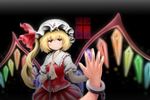  ascot bad_id bad_pixiv_id blonde_hair chain cuffs flandre_scarlet full_moon hand_on_mirror hand_on_own_chest handcuffs hands hat hat_ribbon madenka mirror moon red_eyes red_moon reflection ribbon sad short_hair side_ponytail skirt skirt_set solo touhou window wings 