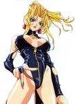  90s blonde_hair breasts cleavage earrings from_below highres jewelry kotobuki_tsukasa large_breasts leather lips lipstick long_hair looking_at_viewer makeup nail_polish simple_background sofia_(toushinden) solo toushinden white_background zipper 