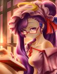  alternate_hairstyle bad_id bad_pixiv_id bare_shoulders bespectacled book bow breasts crescent glasses hair_bow hair_bun hat long_hair looking_at_viewer madenka medium_breasts neck_ribbon off_shoulder open_clothes patchouli_knowledge purple_eyes purple_hair red-framed_eyewear ribbon solo sun sunset touhou window 
