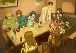  5girls akiha_rumiho amane_suzuha arguing baseball_cap black_hair braid brown_hair cellphone chair chopsticks curry eating everyone food fork french_fries glasses hashida_itaru hat ice ice_cube jacket kiryuu_moeka labcoat long_hair m_george magazine makise_kurisu menu milk multiple_boys multiple_girls necktie okabe_rintarou otoko_no_ko painting_(object) phone pizza red_hair restaurant revision rice sandals sandwich shiina_mayuri short_hair steins;gate table texting twintails urushibara_ruka 