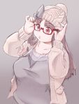  adjusting_eyewear beanie bow breasts brown_hair glasses hat jewelry kobayakawa_horan large_breasts long_hair necklace nekokami original plump solo 