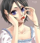  bad_id bad_pixiv_id black_hair bleach blue_eyes bracelet cherry collarbone food fruit hair_between_eyes holding holding_food holding_fruit jewelry kuchiki_rukia lips short_hair solo tripletype upper_body 