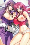  2girls artist_request blue_eyes breast_slip breasts brown_hair character_request erect_nipples glasses large_breasts legs lips lipstick long_hair lying makeup midriff multiple_girls navel nipples one_breast_out purple_eyes red_hair shorts source_request stethoscope unbuttoned 