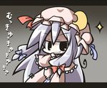  aoblue black_eyes bow chibi crescent grin hair_ribbon hand_on_own_face hat hat_bow laughing long_hair mukyuu patchouli_knowledge purple_hair ribbon robe smile solo touhou translated 