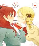  2girls blonde_hair blush closed_eyes drill_hair food heart mahou_shoujo_madoka_magica multiple_girls nori_senbei pocky pocky_kiss profile red_eyes red_hair sakura_kyouko school_uniform shared_food simple_background spoken_heart tomoe_mami upper_body yuri 