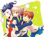  bad_id bad_pixiv_id blue_hair brown_eyes brown_hair closed_eyes glomp hug inazuma_eleven_(series) inazuma_eleven_go jacket male_focus matsukaze_tenma multiple_boys open_mouth racotta shindou_takuto tsurugi_kyousuke yellow_eyes 