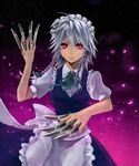  between_fingers bow braid highres izayoi_sakuya knife maid maid_headdress petals puffy_sleeves red_eyes ribbon silver_hair solo throwing_knife touhou twin_braids weapon yuki_(siroikona) 