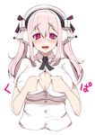  blush breasts cleavage headphones large_breasts miyamoto_issa nitroplus pink_hair simple_background solo super_sonico twintails unbuttoned 