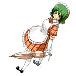  adapted_costume alternate_costume apron bow brown_eyes closed_umbrella dress elbow_gloves enmaided flower full_body gloves green_hair hair_ornament headdress hota kazami_yuuka maid mary_janes pantyhose parasol plaid plaid_dress shoes short_hair simple_background solo sunflower touhou umbrella white_legwear 