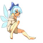  alternate_costume bare_shoulders barefoot between_legs blue_eyes blue_hair blush bottomless bow cirno covering covering_crotch face feet full_body hair_bow hand_between_legs hota naked_sweater no_pants off_shoulder simple_background sitting solo sweater touhou v_arms wavy_mouth white_background wings 