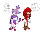  &hearts; &lt;3 annoyed blackcieling blaze_the_cat cat complaining dialog dialogue echidna eyes_closed feline female fur gloves hair half-closed_eyes hands_on_hips happy high_heels knuckles_the_echidna male mammal plain_background ponytail purple purple_eyes purple_fur red red_body red_hair sega shoes sonic_(series) tail text white_background 