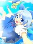  ahoge ascot bad_id bad_pixiv_id blue_dress blue_eyes blue_hair blue_sky bow cirno cloud daiyousei day dress flying green_eyes green_hair hair_bow multiple_girls open_mouth shirt short_hair side_ponytail sky smile touhou uta_(kuroneko) wings 